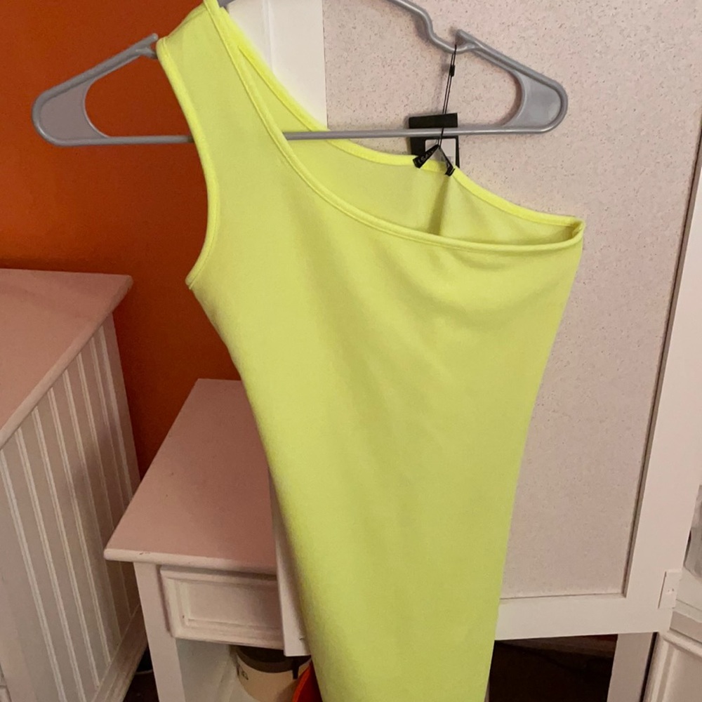 Lime Green/Yellow, One Shoulder, Mini Dress.